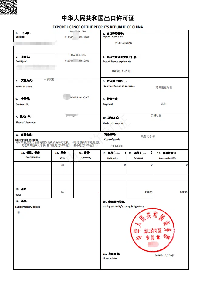 Used vehicle export license